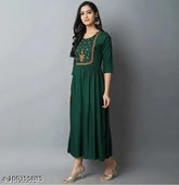 Dark green Rayon Anarkali embroidery kurti with three-quarter sleeves, rayon embroidery on Indian women's fashion